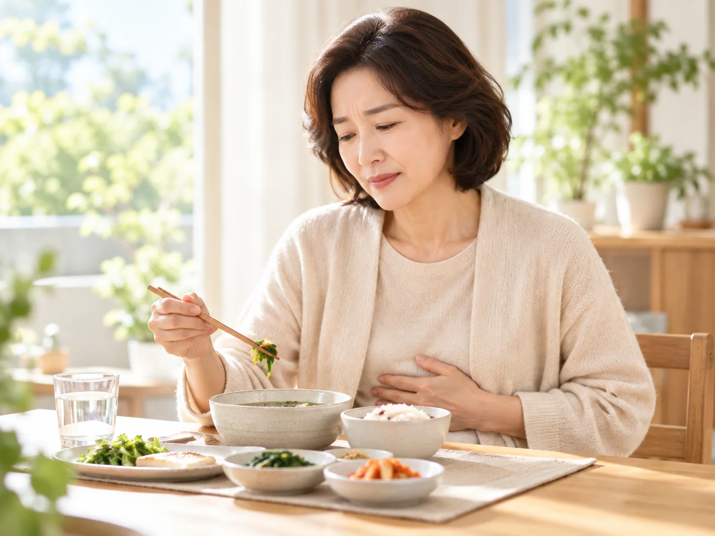 식사 중 속 불편을 느끼는 모습