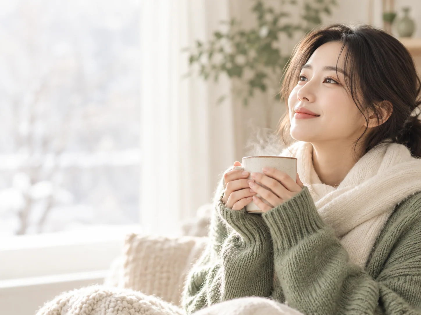 따뜻한 머그가 놓인 겨울 분위기