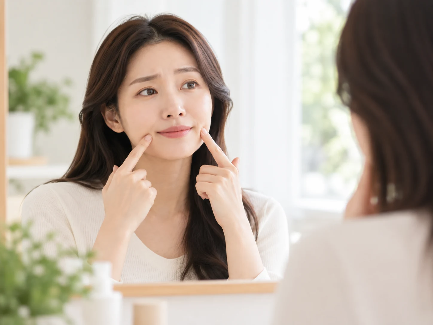 거울을 보며 입 주변 움직임을 살피는 설명용 사진