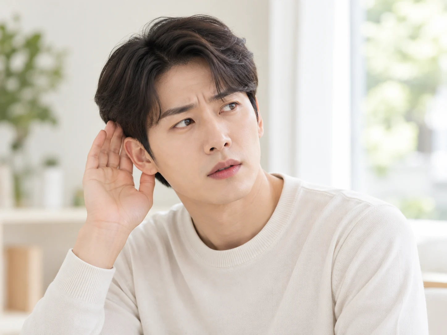 귀에 손을 대고 소리에 집중하는 인물의 설명용 사진