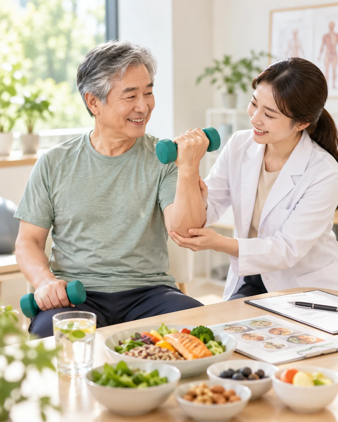 가벼운 운동과 식사를 하는 노년층