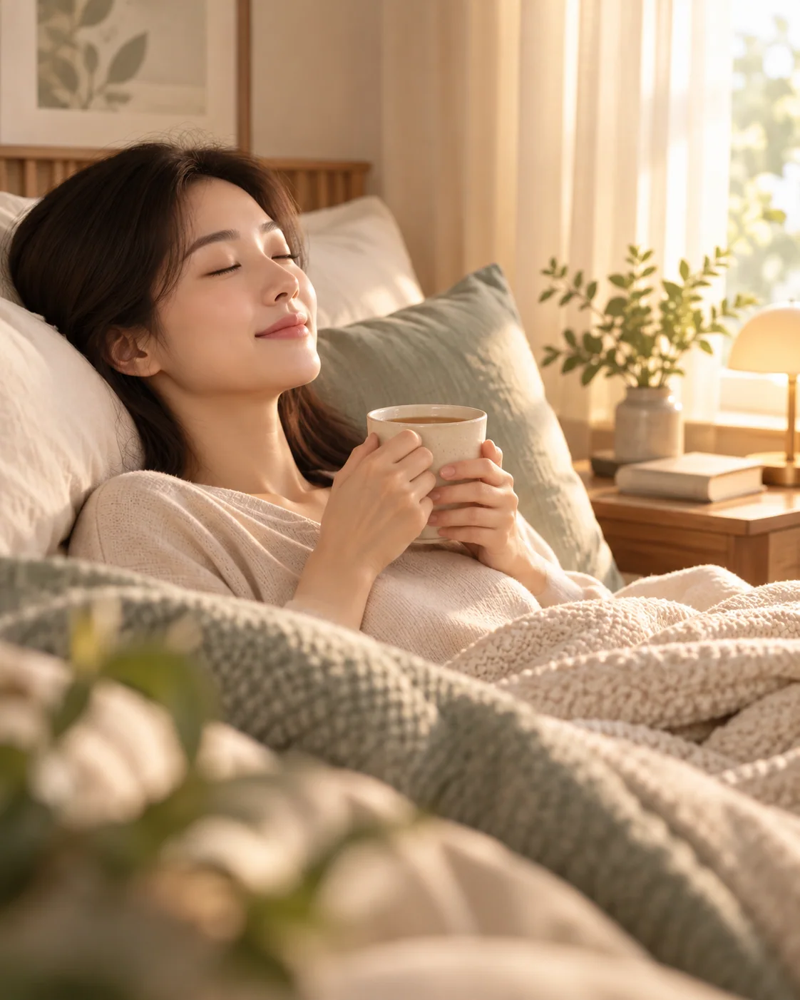 따뜻한 차가 놓인 차분한 휴식 장면