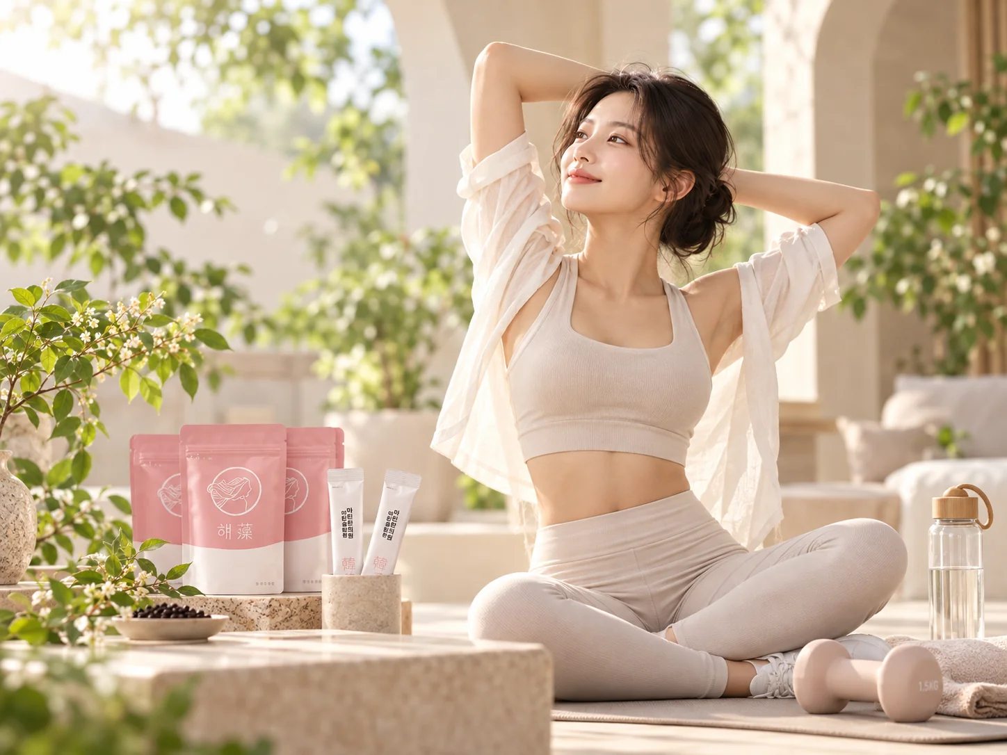 집에서 가볍게 스트레칭하는 인물의 생활 연출 이미지