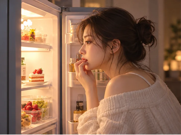 늦은 밤 냉장고 앞에서 간식을 고민하는 연출 장면