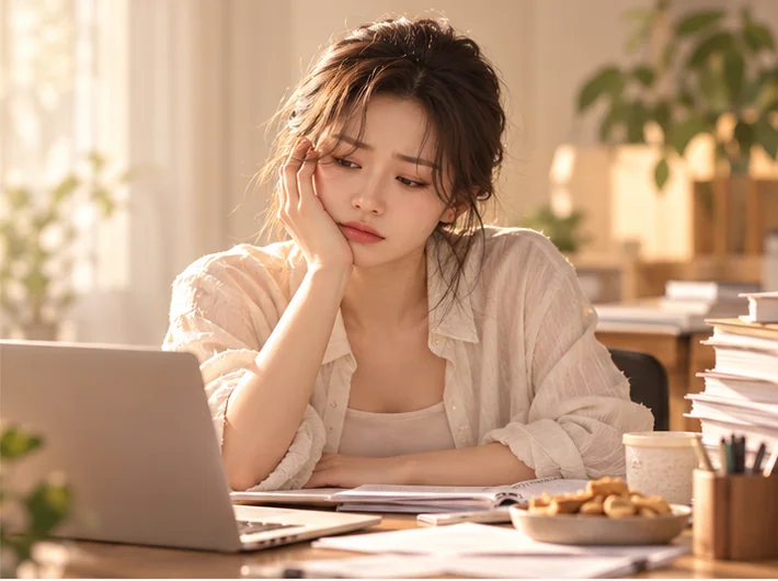 업무 스트레스 속에서 식사를 고민하는 연출 장면