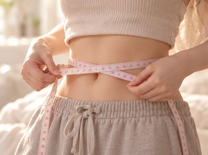 허리 치수를 확인하는 인물의 연출 이미지