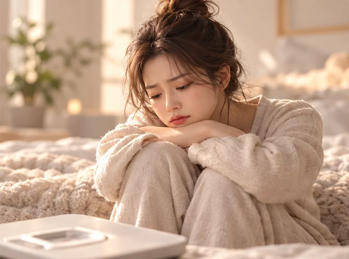 체중계를 바라보며 고민하는 인물의 연출 이미지