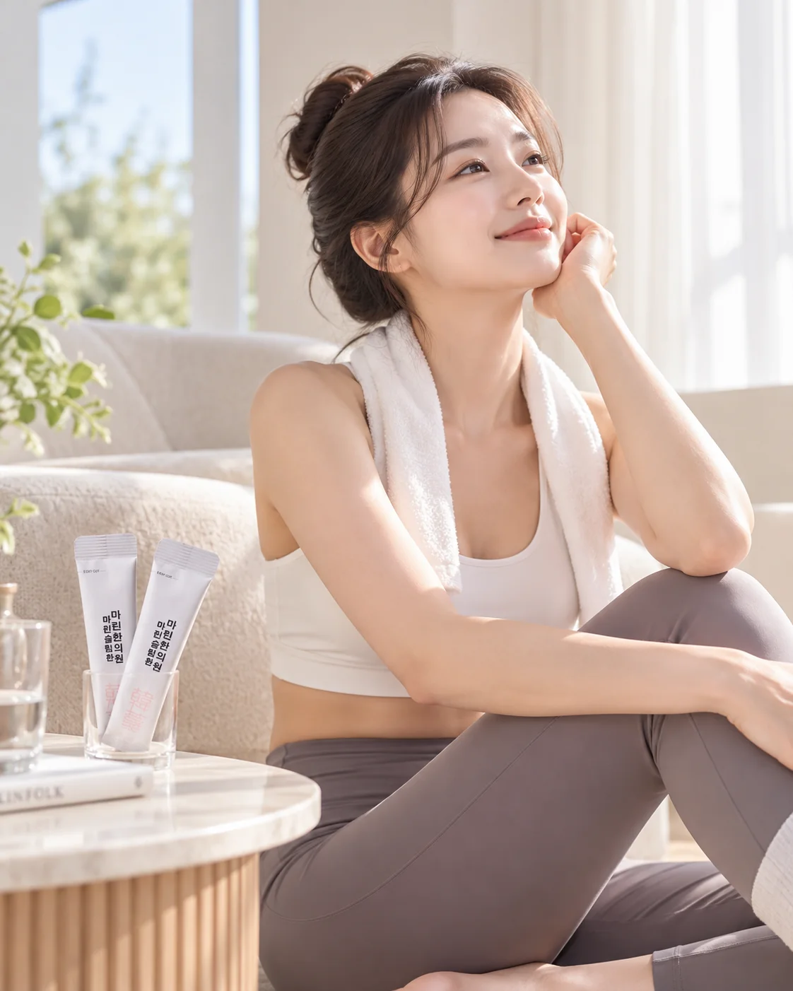 창가에서 편안하게 쉬는 인물과 환약 시안의 라이프스타일 연출 이미지