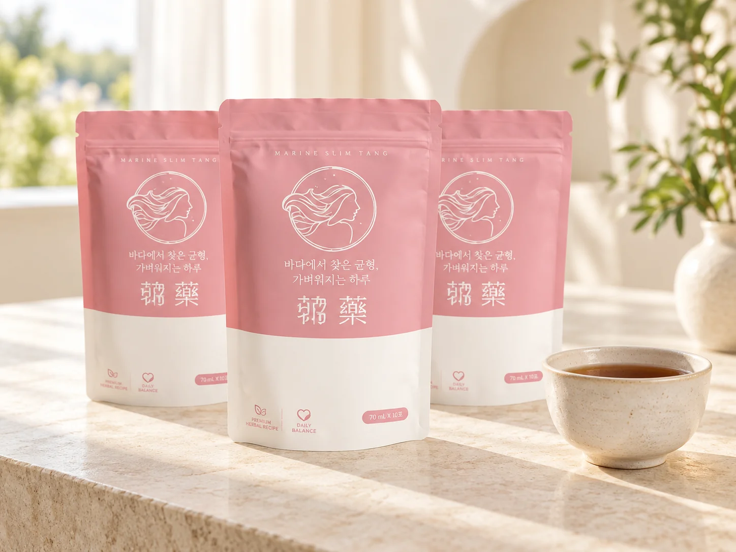 분홍색 파우치 세 개와 잔이 놓인 마린슬림탕 제품 시안