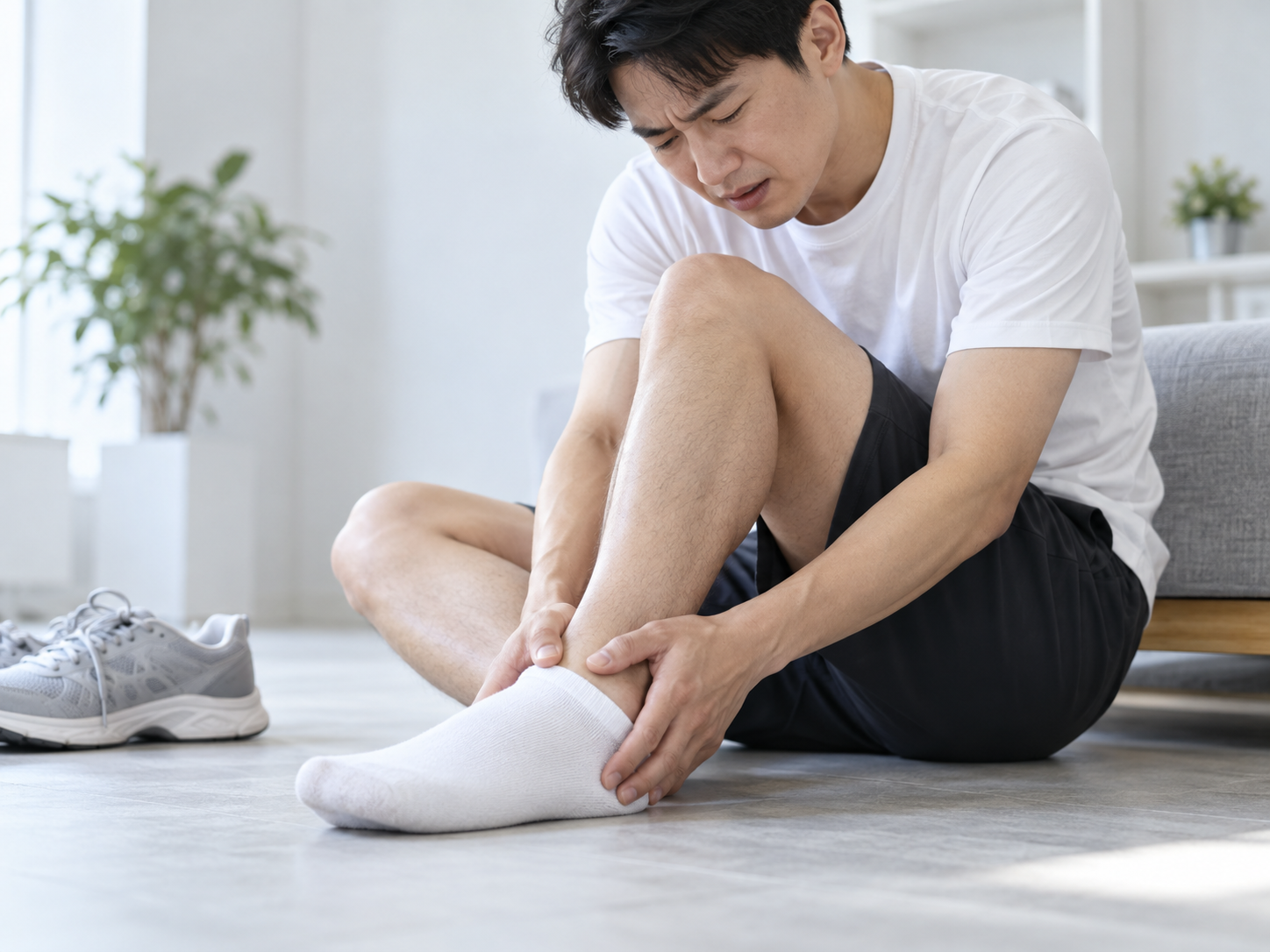 발목 통증을 느껴 발목을 잡고 있는 환자