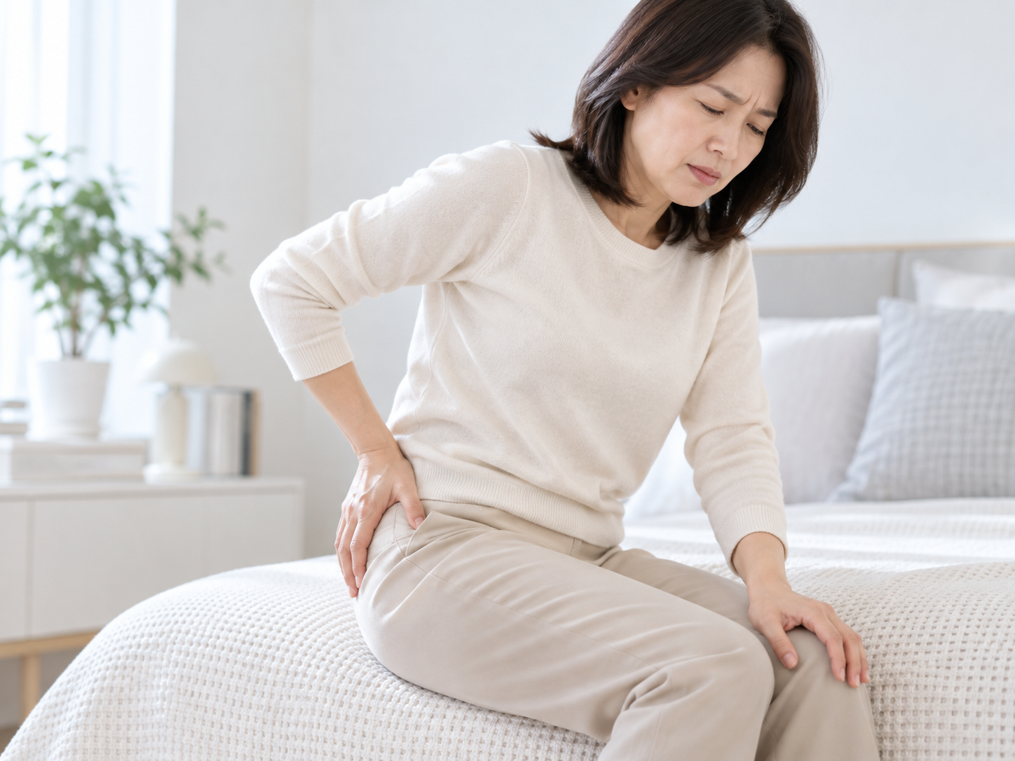 고관절 주변 통증을 느껴 엉덩이 부위를 짚고 있는 환자