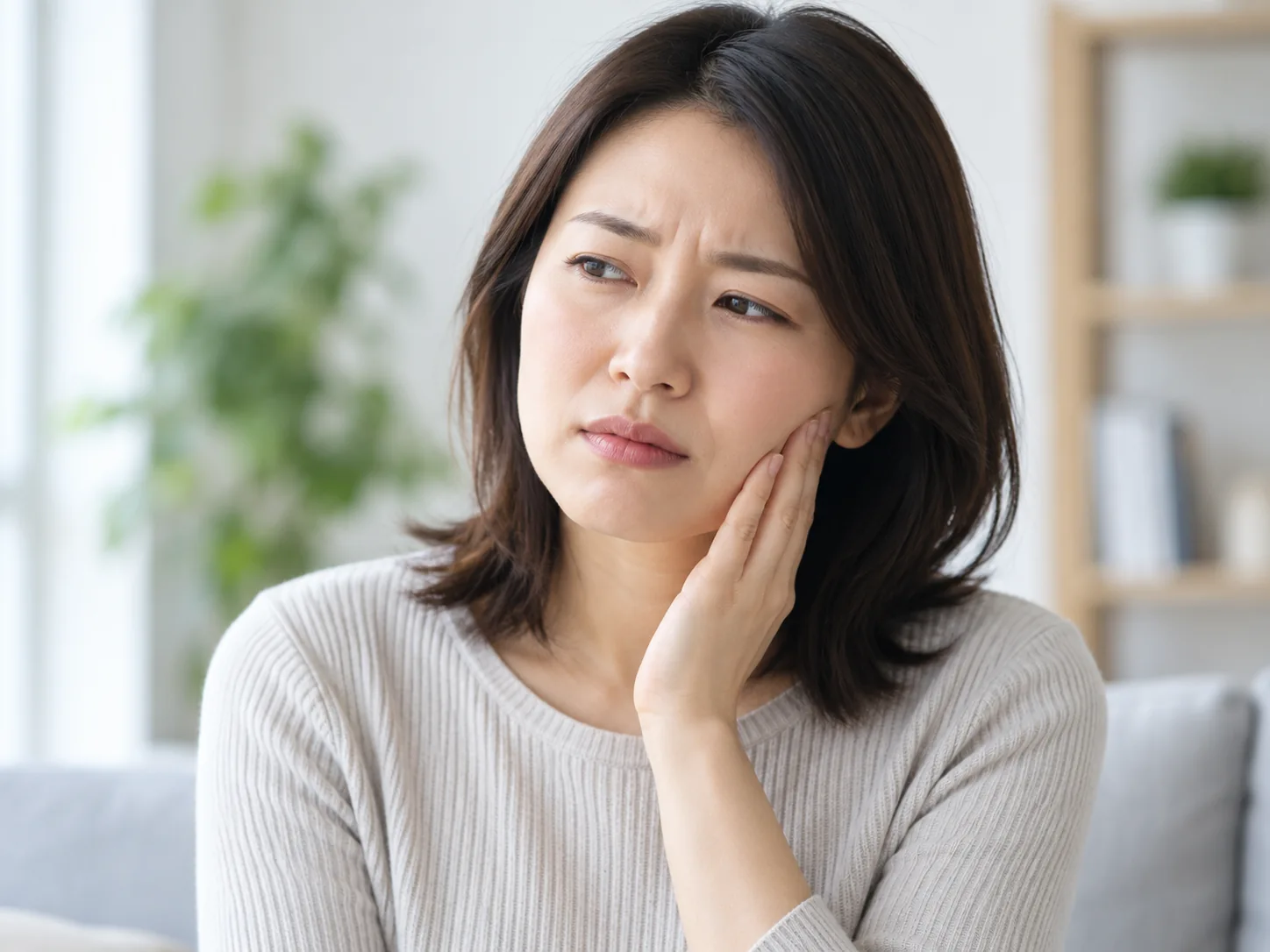 턱 주변을 짚고 불편함을 표현하는 인물