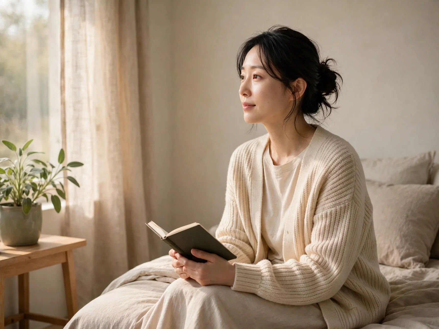 차분히 휴식하며 책을 들고 있는 여성