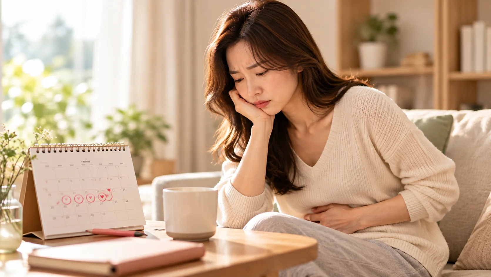 복부에 손을 얹고 불편을 느끼는 여성