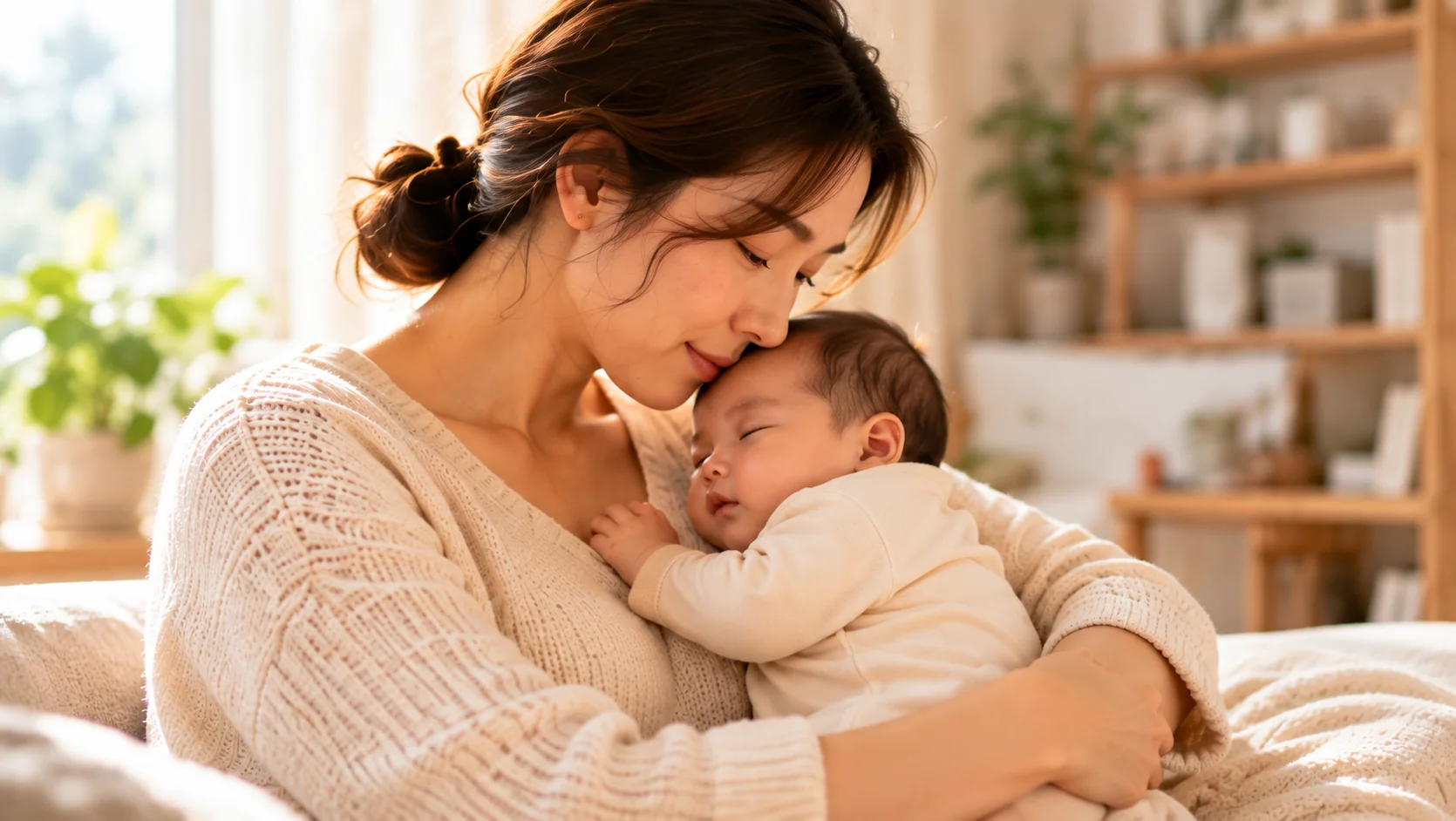 아기를 안고 회복 중인 산모