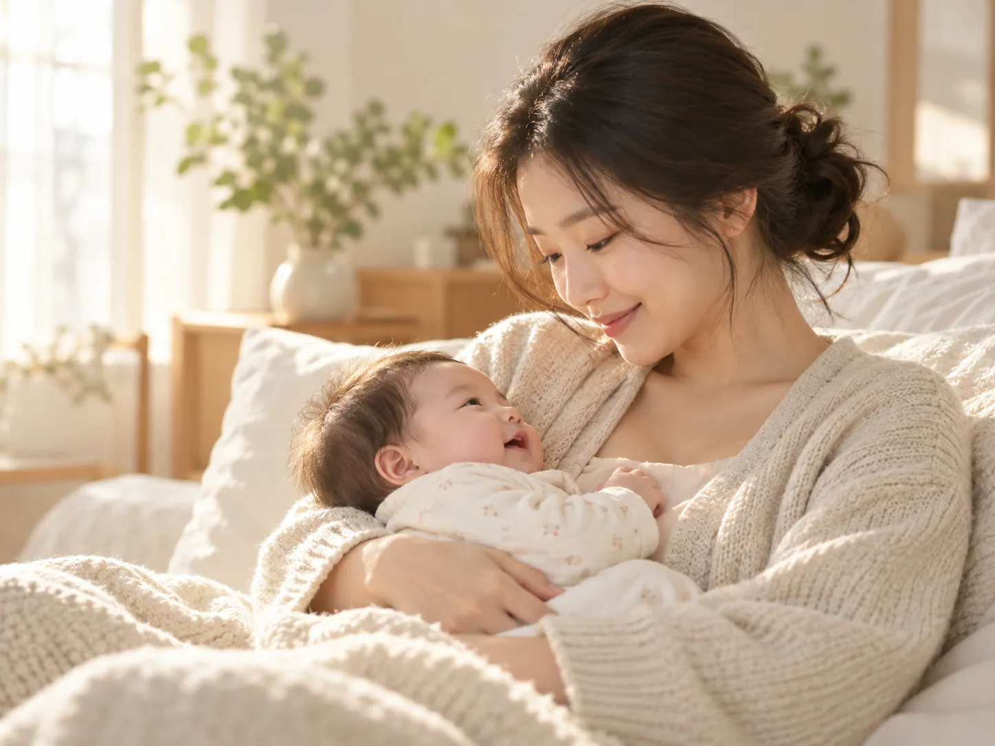 햇살 속에서 아기와 함께하는 산모