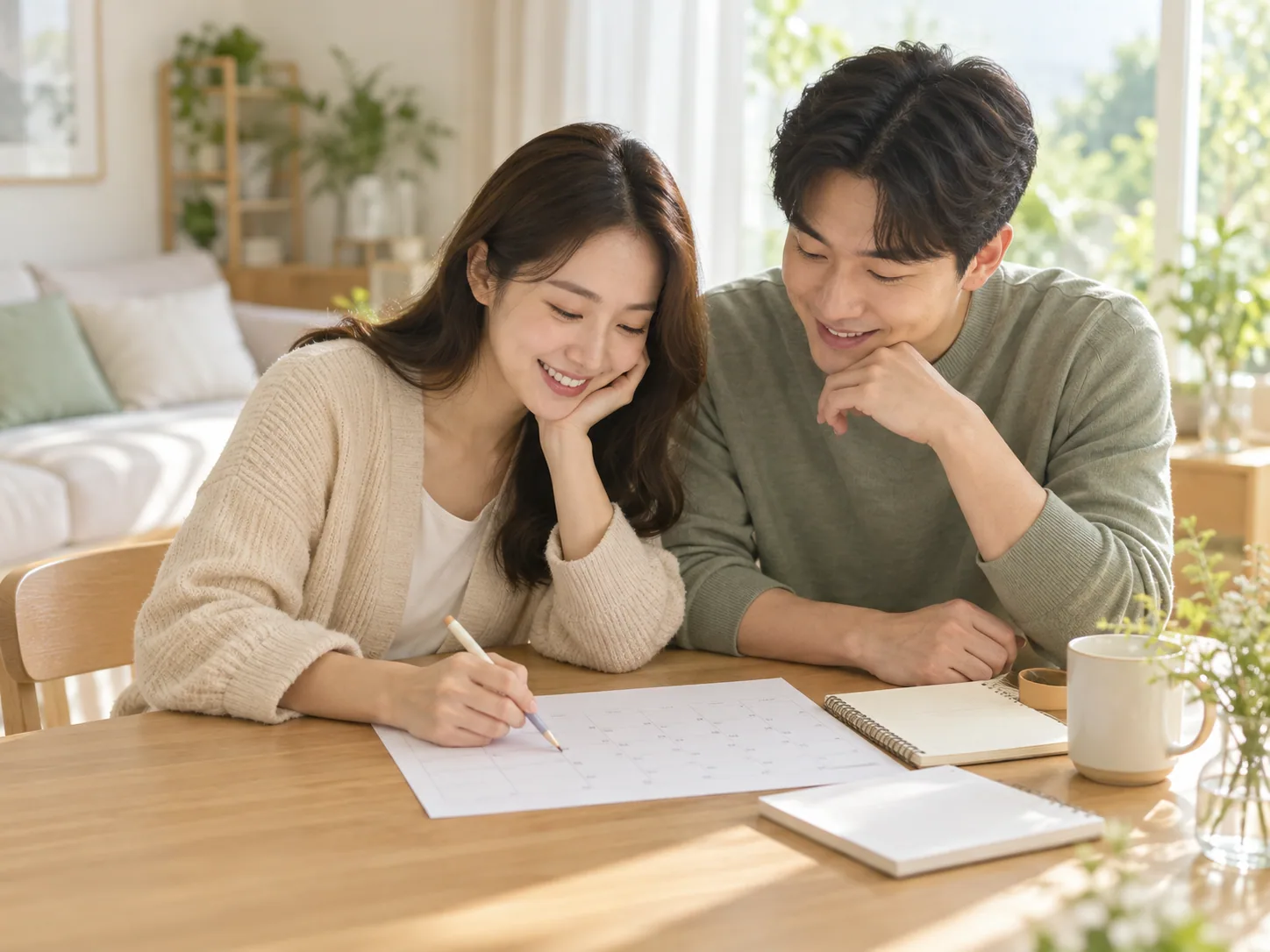 부부가 함께 임신 준비 일정을 살펴보는 모습