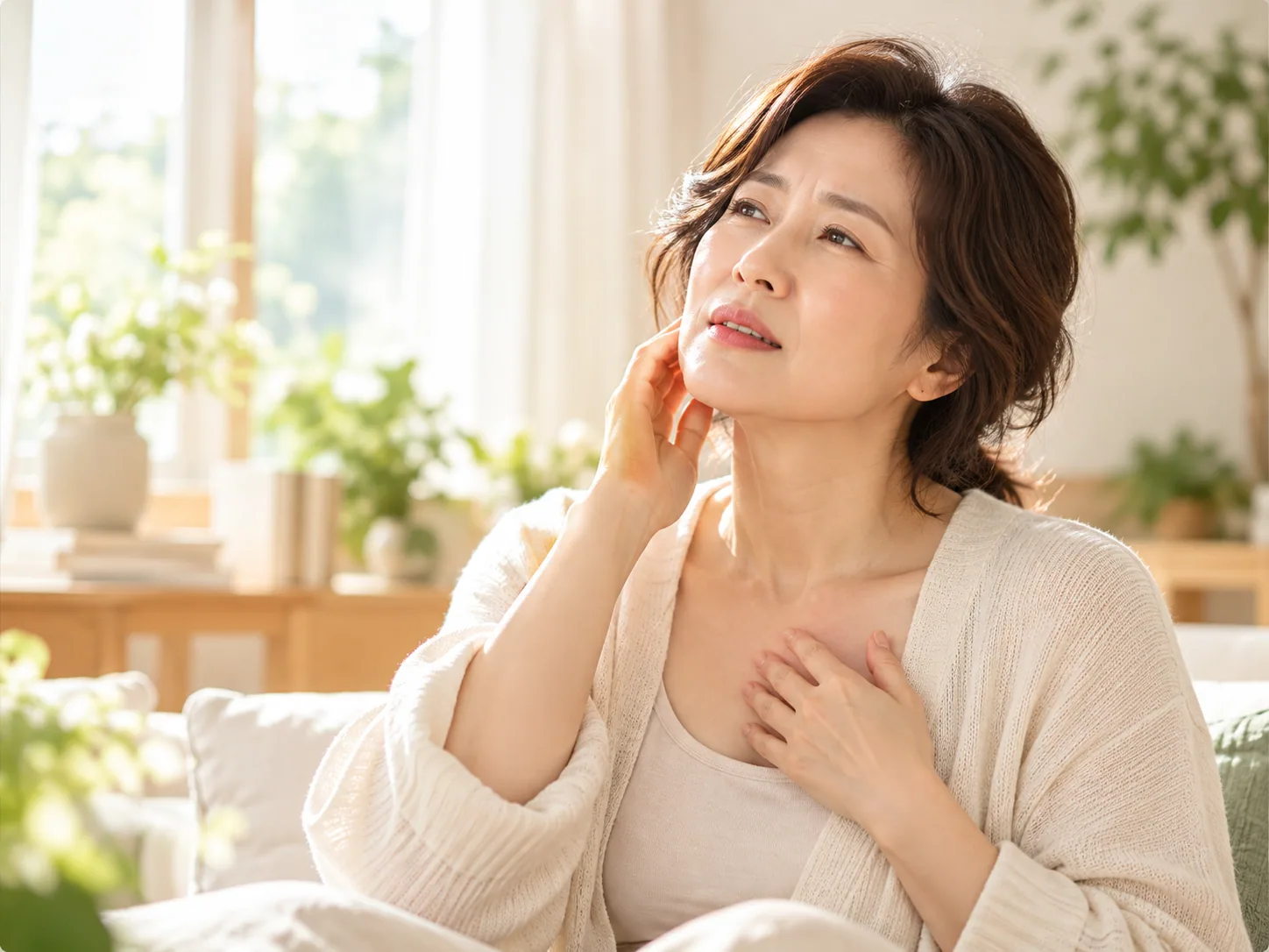얼굴과 가슴에 손을 대고 쉬는 여성