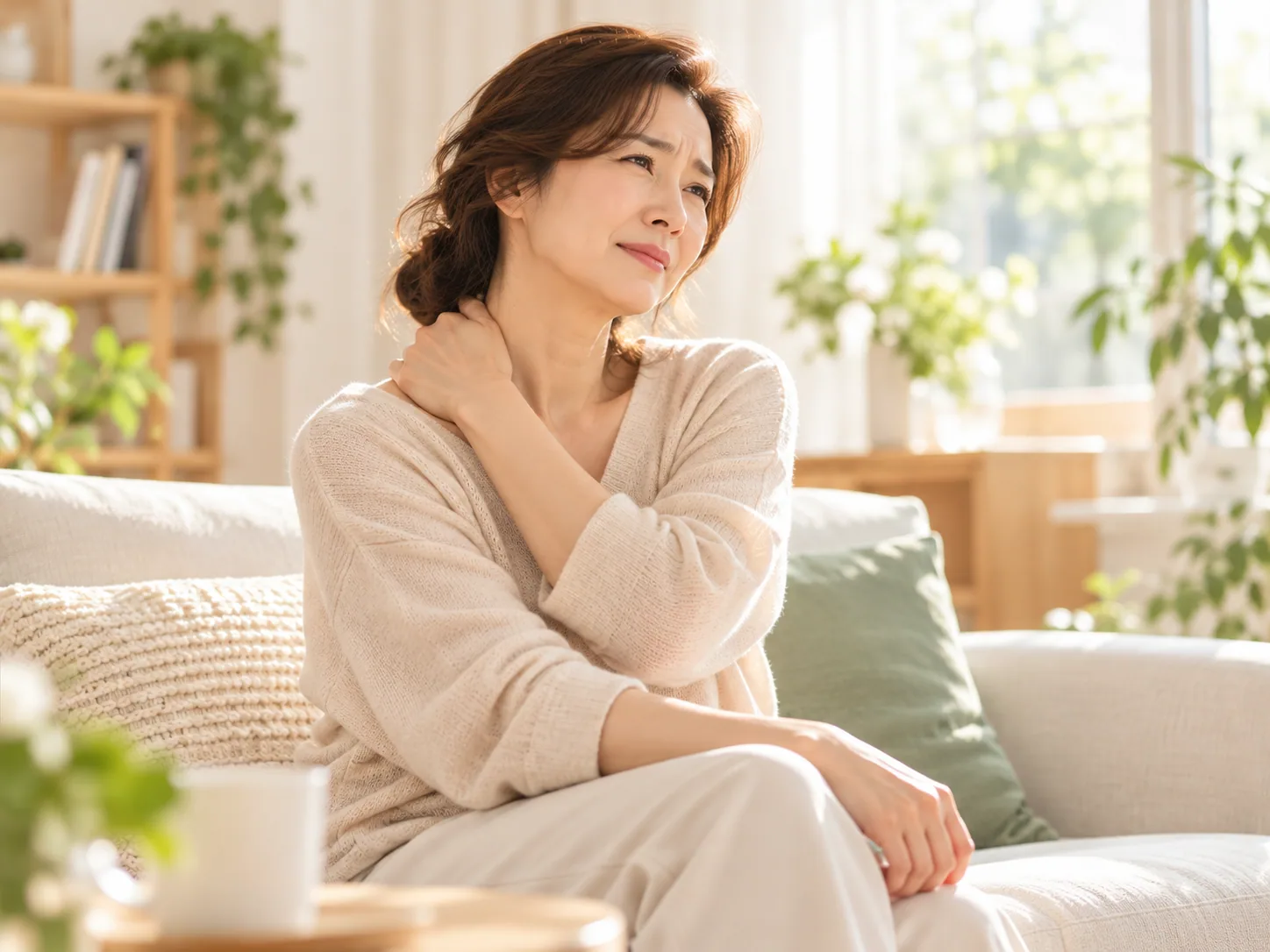 목과 어깨를 손으로 감싸며 쉬는 여성