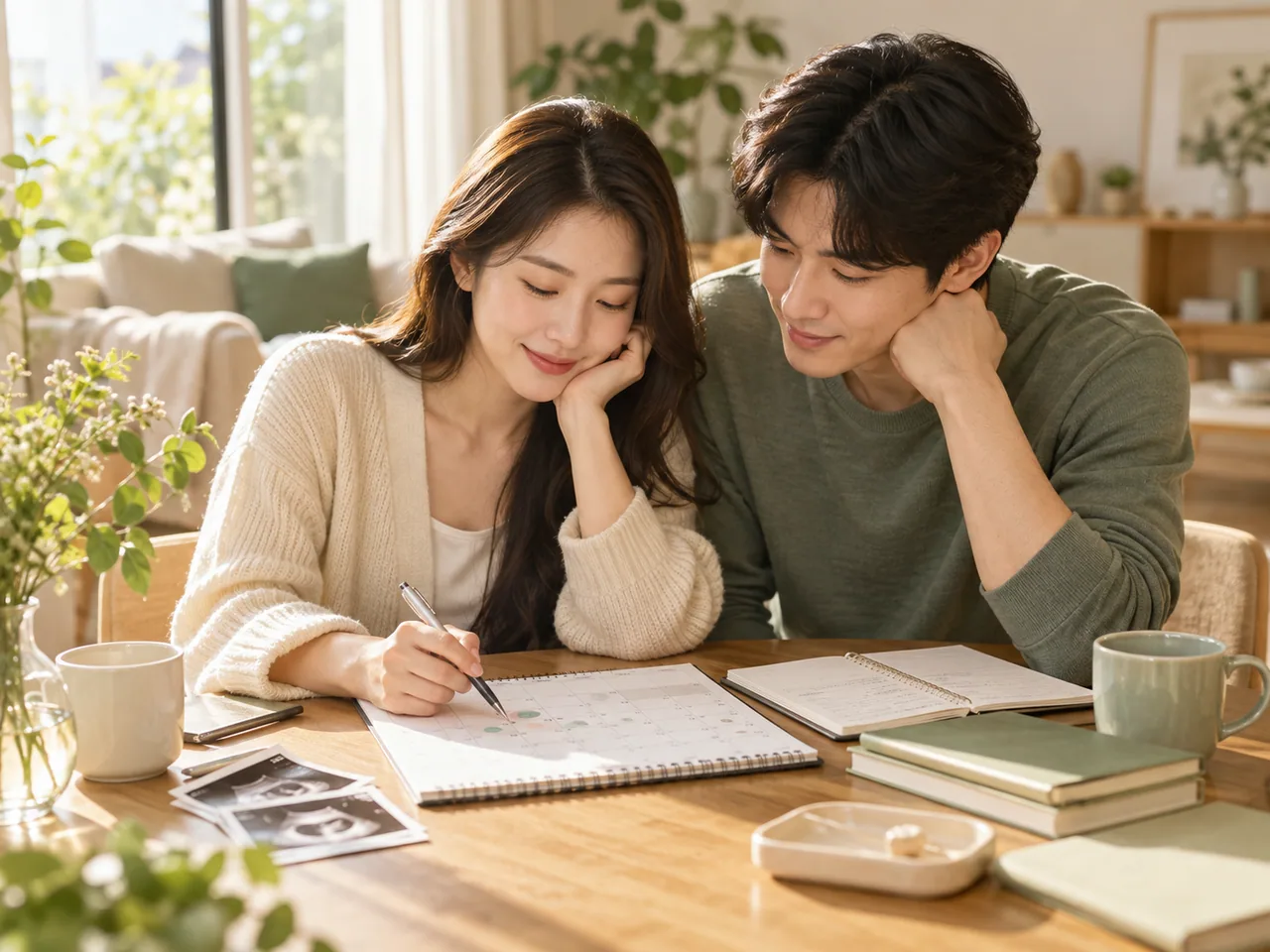 부부가 함께 임신 준비 일정을 살펴보는 모습