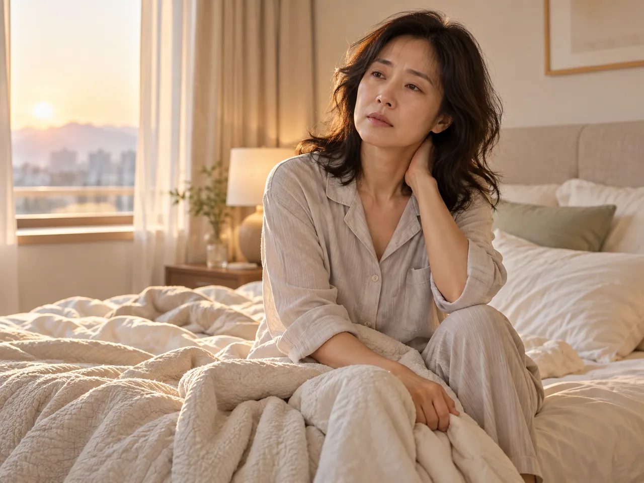 수면 불편과 다음 날 피로를 살펴보는 여성