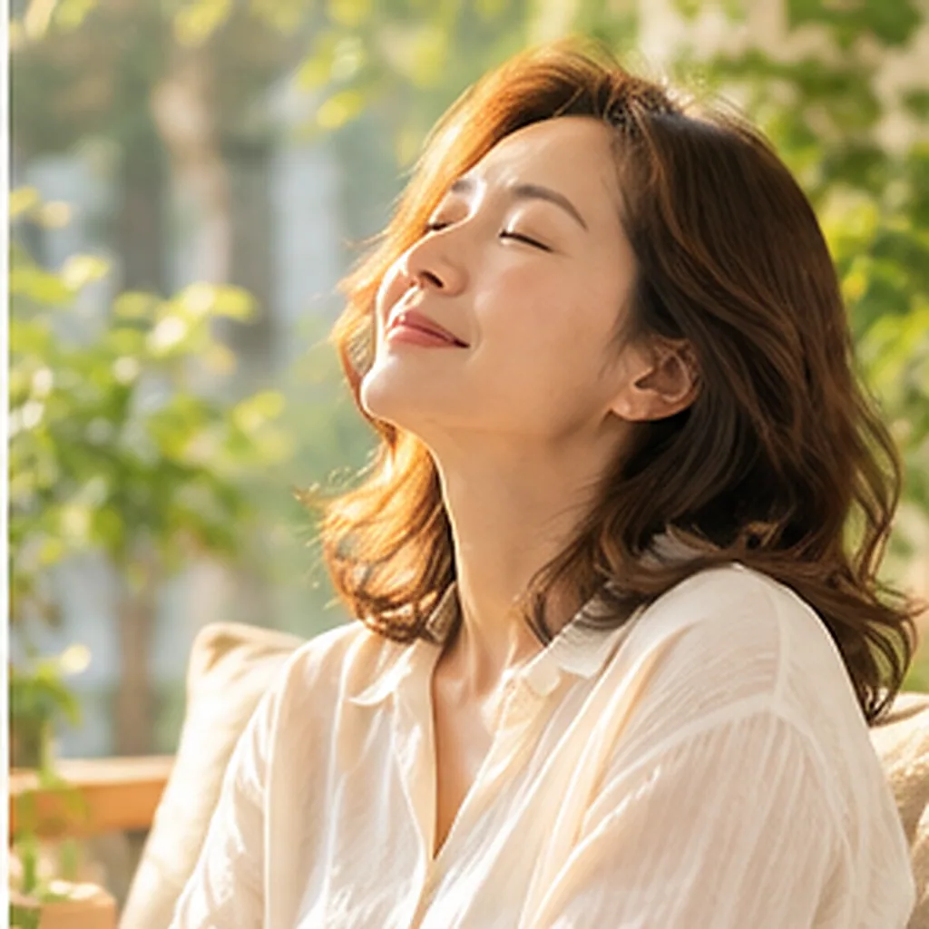 야외에서 편안히 쉬며 일상의 관리 방향을 생각하는 여성