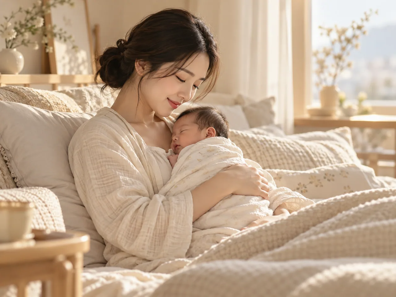 집에서 아기를 안고 있는 산모의 생활 모습