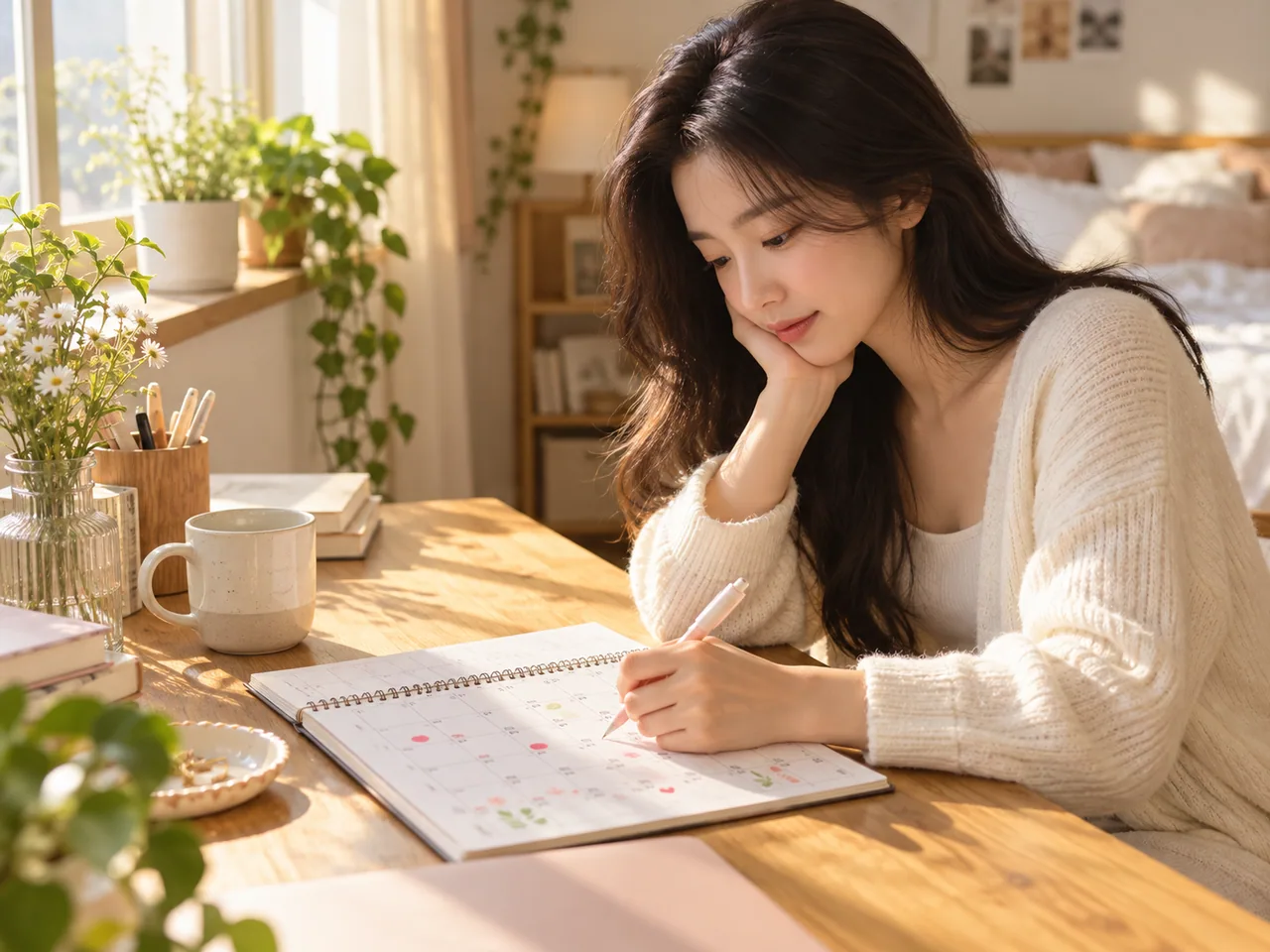 월경주기를 달력에 기록하는 모습