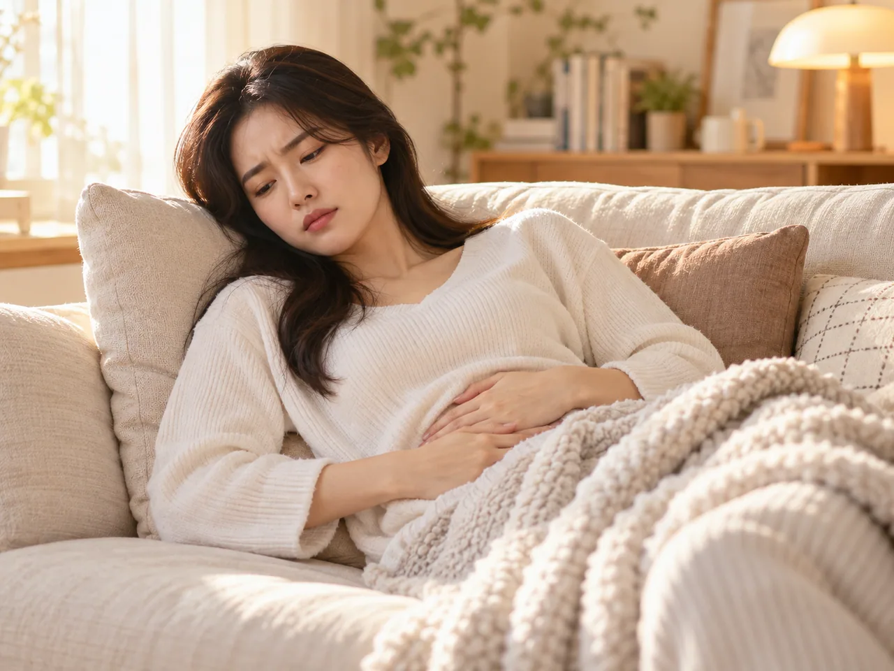 복부 불편을 느껴 쉬고 있는 여성